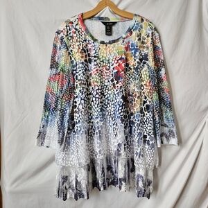 Ali Miles Tunic Womens XL Colorful Tiered Semi Sheer Artsy Art to Wear 3/4 Sleev